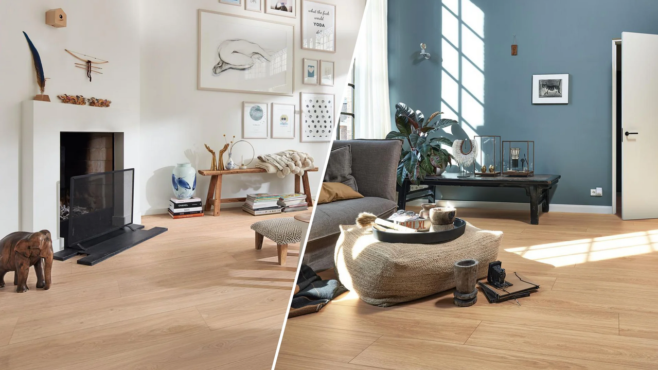 Links Wohnraum mit Kamin und Bilderwand mit Laminatboden, rechts Wohnraum mit Sofa und blauer Wand mit Vinylboden.