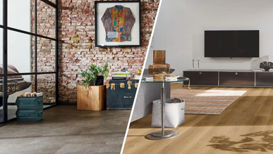 Links Loft mit Ziegelwand und Glasfront mit Vinylboden, rechts modernes Wohnzimmer mit TV mit Designboden.