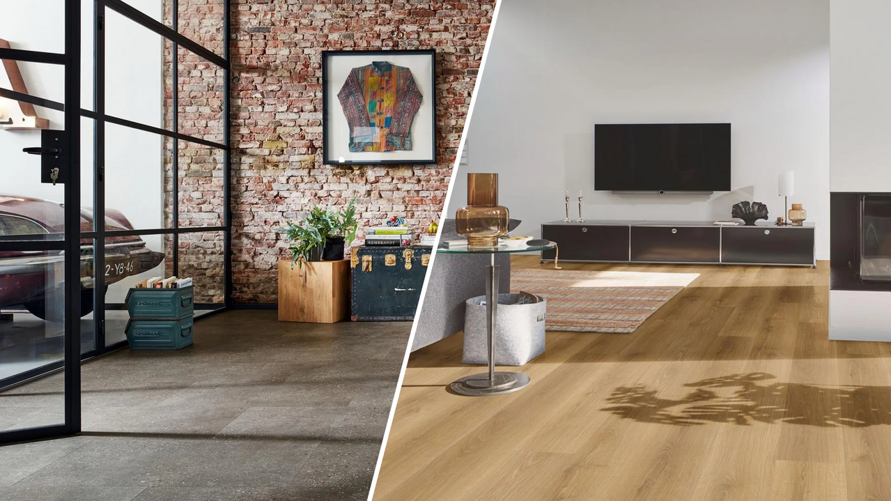 Links Loft mit Ziegelwand und Glasfront mit Vinylboden, rechts modernes Wohnzimmer mit TV mit Designboden.